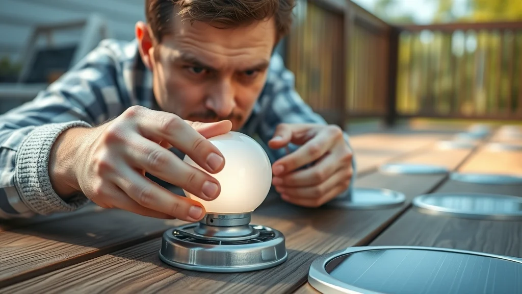 Close-up of Eustis solar deck light installation, technician with focused hands installing the fixture on a wooden deck, featuring detailed components and modern design.