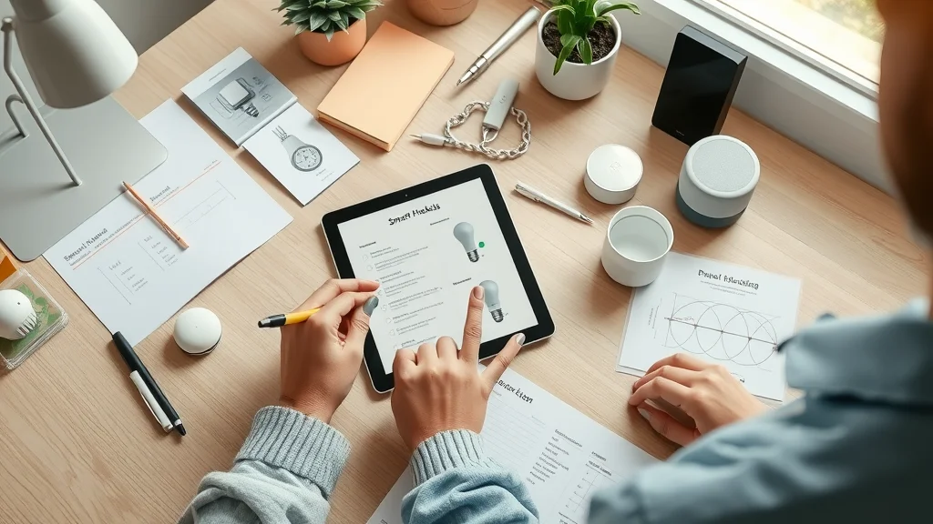 smart home device compatibility—homeowner checking a tablet with smart home device images and notes in a bright workspace
