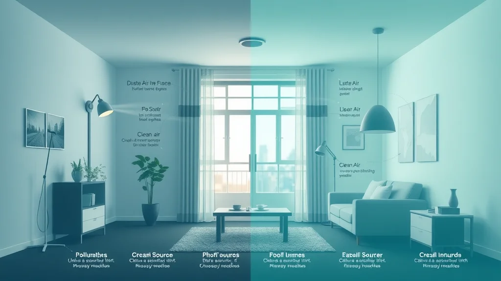 Infographic showing indoor air quality concepts, pollutant sources vs clean air, crisp details, atmospheric effects — indoor air quality improvement