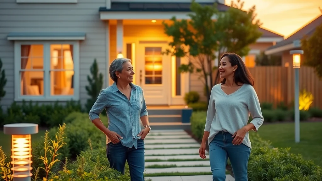 Vibrant modern home exterior with integrated solar-powered outdoor lights illuminating a well-manicured yard at sunset, featuring happy residents admiring the pathway under golden hour lighting.