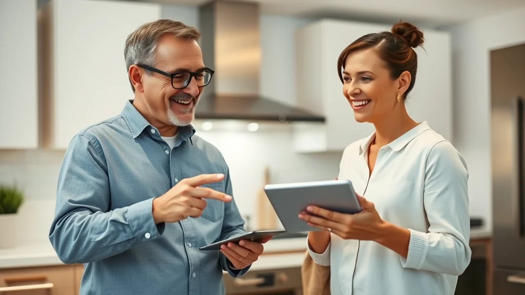 Consultant guides homeowner in modern kitchen, demonstrating smart lighting controls and sustainable lighting upgrades with visible LED fixtures and digital tablet.