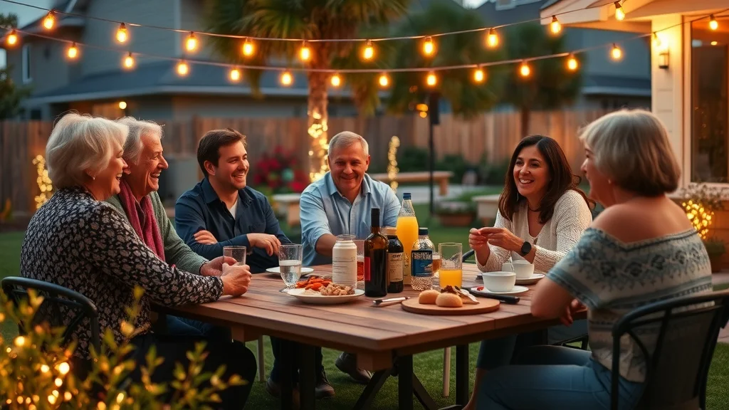 Eustis community cookout, solar garden lights strung around yard, neighbors enjoying evening.