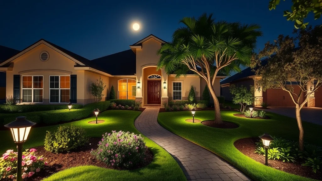 Night view of front yard illuminated with solar garden lights Eustis, upscale neighborhood, moonlit sky.