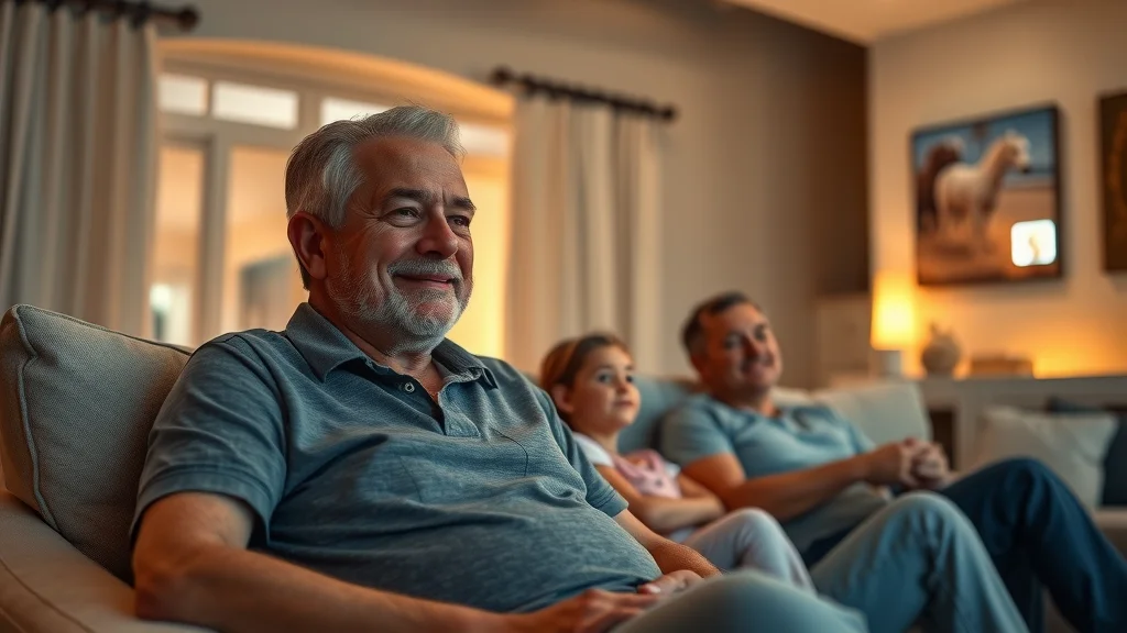 Relaxed Eustis homeowner inside at dusk, family in living room, smart alarm panel glowing, Florida interior suggesting secure comfort.