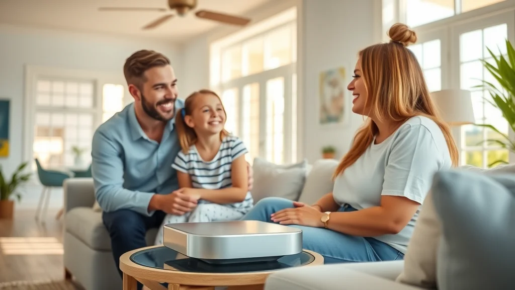 Young family in sunlit contemporary Florida living room, smiling and interacting with a smart home hub Eustis device on side table, showcasing modern home security and automation technology