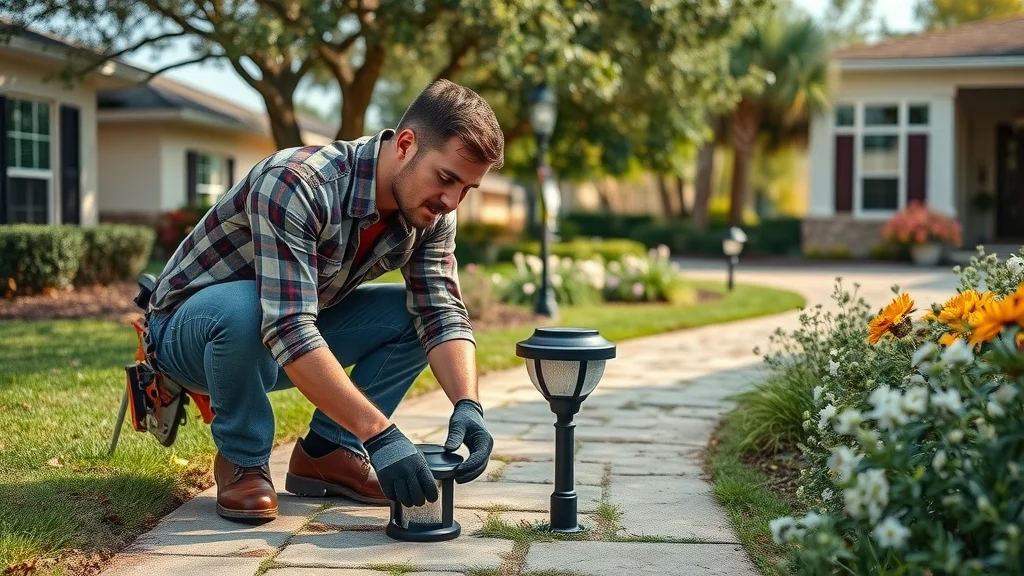 Eco-friendly lighting Eustis professional installation, installer working with solar garden light on front yard stone pathway, tools and fixtures under bright sun
