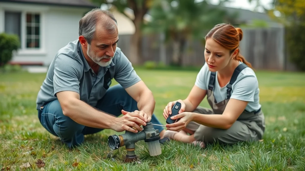Homeowner and sprinkler technician inspecting broken sprinkler head in Eustis FL, visible concern, patchy lawn, soft light, photorealistic, no disfigured features