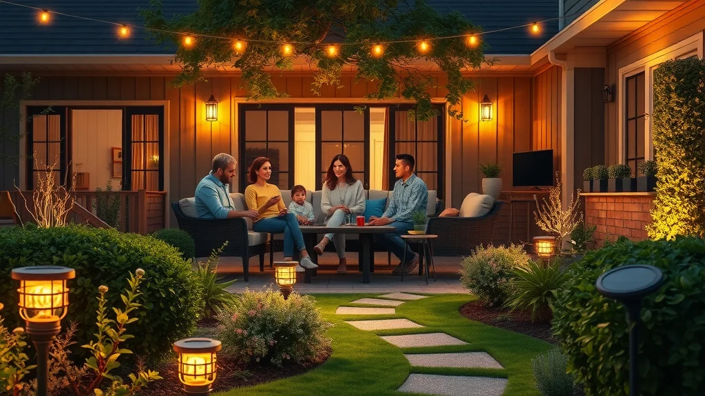 enchanting home garden at night with a joyful family gathering on a patio, solar string lights and solar spotlights illuminating flowering beds, lush plants, and walkways