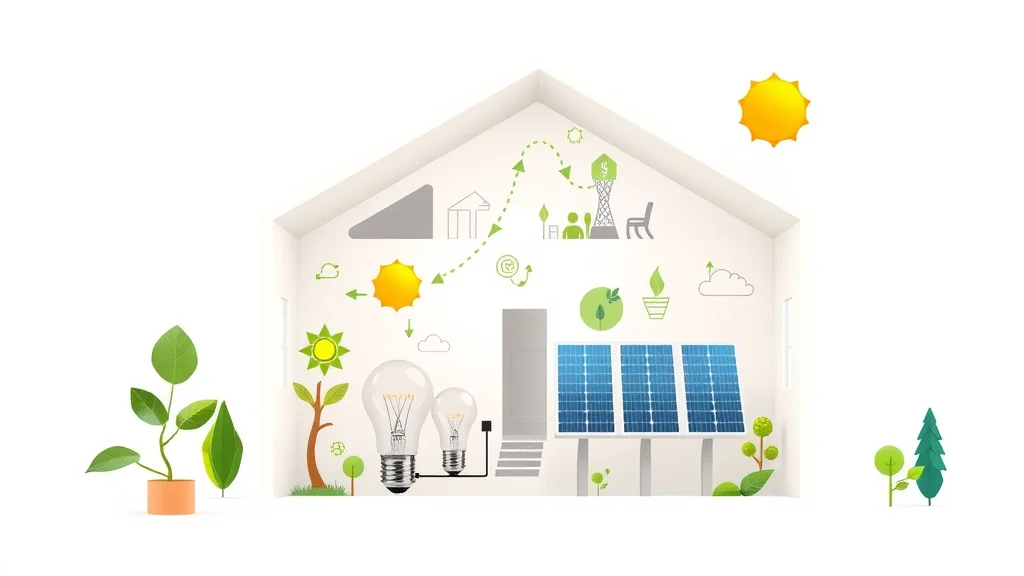 Infographic showing components of sustainable lighting solutions, including energy-efficient bulbs and solar panels, with arrows and icons representing energy flow and bill savings.