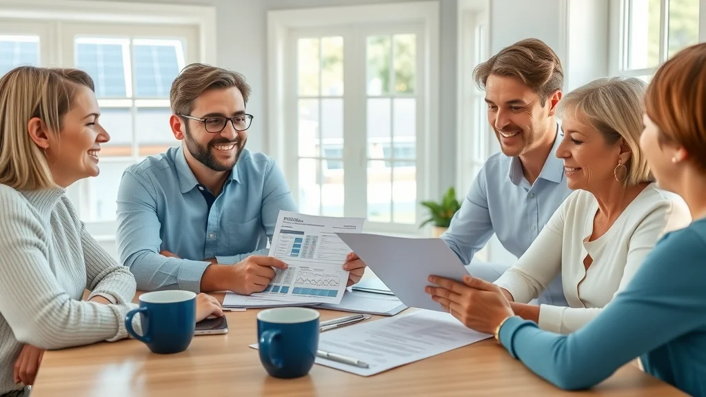 Solar consultant reviewing tax credits and incentives with Eustis family - solar power systems Eustis, sunlit home, organized paperwork