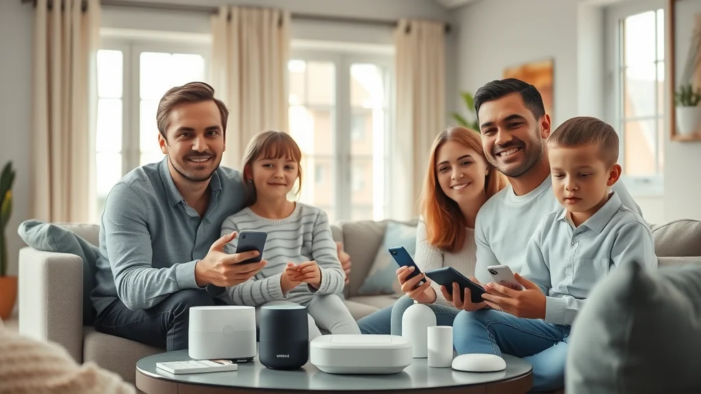 Modern smart home in Eustis with family using IoT devices, thermostat, lights, smart speakers, and visible WiFi router, photorealistic living room