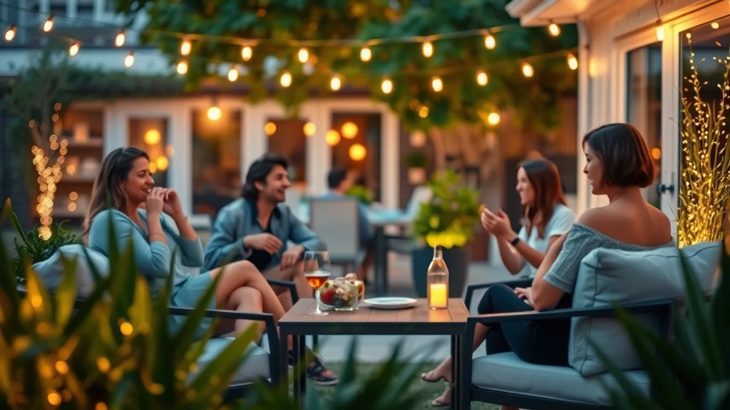 Chic backyard party scene with energy-efficient string lights and LED path lights, joyful relaxed atmosphere, friends enjoying the evening, photorealistic patio, modern outdoor furniture, glowing lights, lush greenery, realistic textures, 85mm lens.