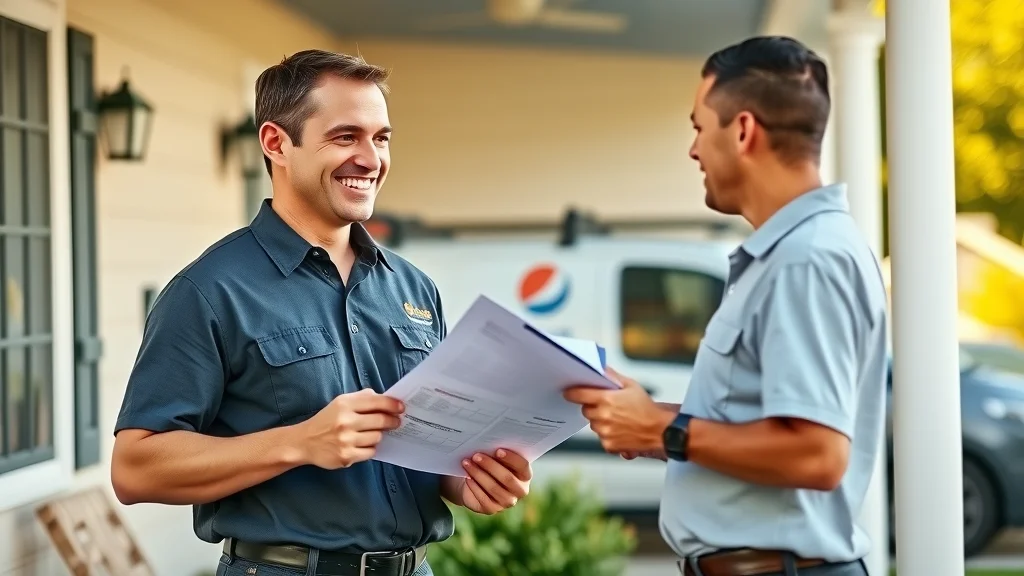 Expert technician and cheerful homeowner discussing sprinkler maintenance tips on front porch, inspection checklist visible, branded van in background.