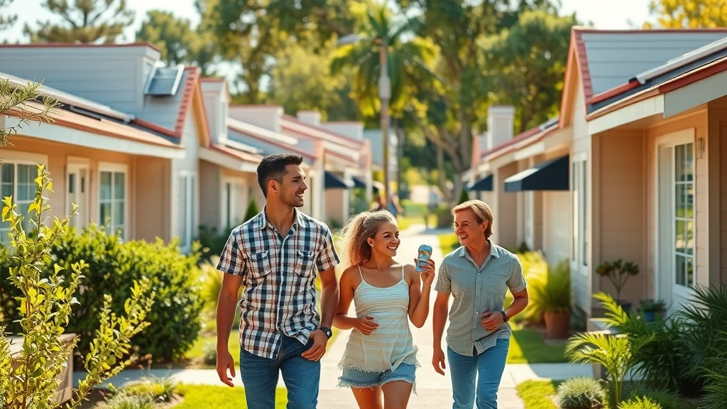 Vibrant Eustis neighborhood with families enjoying their solar-powered homes, diverse residents outdoors, visible solar panels on rooftops, lush greenery, and dappled sunlight. Photorealistic, sharp focus, lifelike skin tones, natural earthy greens and sunshine yellows, under soft afternoon light.