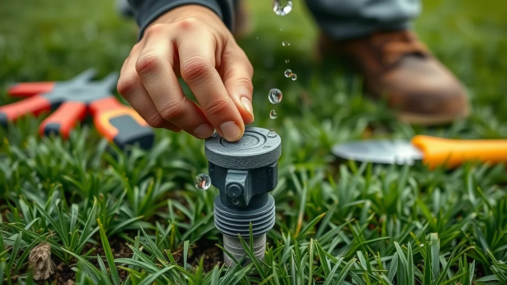 Close-up of expert irrigation repair in Eustis, technician adjusting a sprinkler head with water droplets and healthy moist lawn