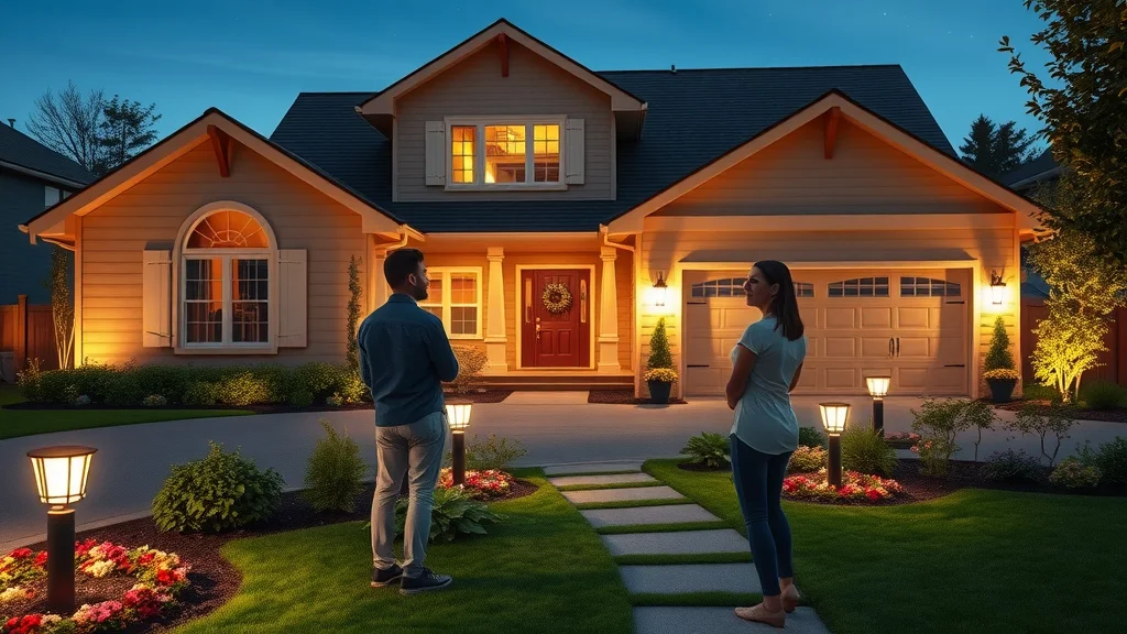Inviting suburban home with energy-efficient outdoor LED lighting illuminating the driveway and garden, warm and welcoming expressions, photorealistic detail, LED fixtures softly glowing under a starry sky, well-manicured yard, natural vibrant colors, 35mm lens.