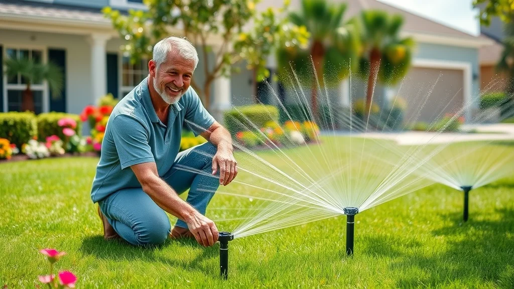 Properly installed front yard sprinkler system Eustis FL, happy homeowner inspecting running sprinklers, green lawn, sunlight, flowering plants, photorealistic, no disfigured features