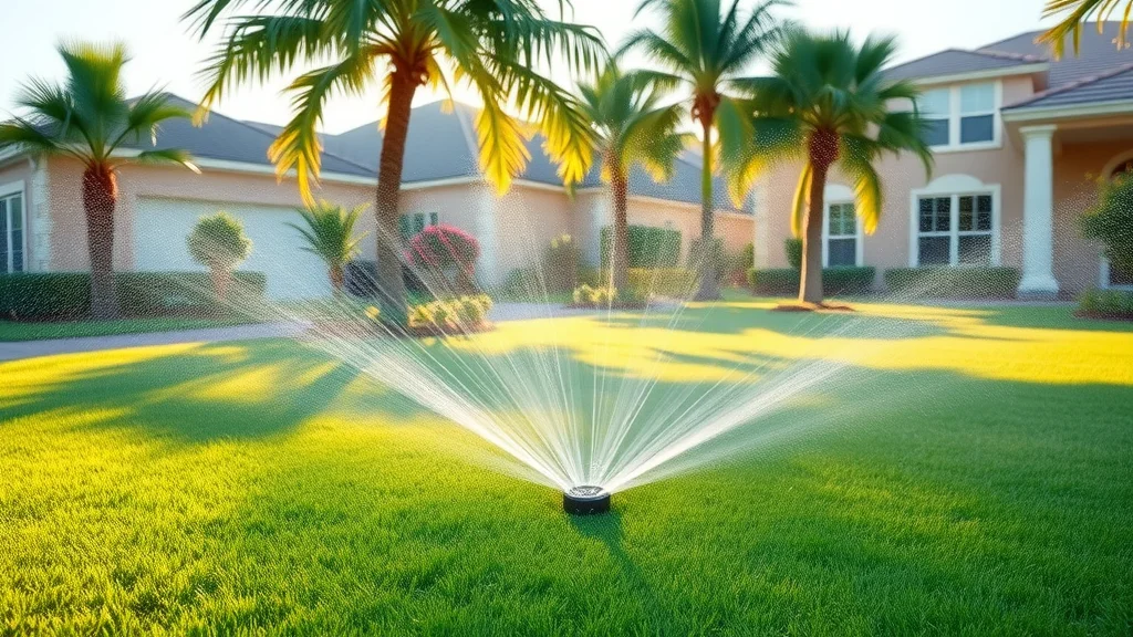 Lush Florida suburban lawn with a modern sprinkler system in operation and a cheerful homeowner observing. Sprinkler system maintenance Florida.