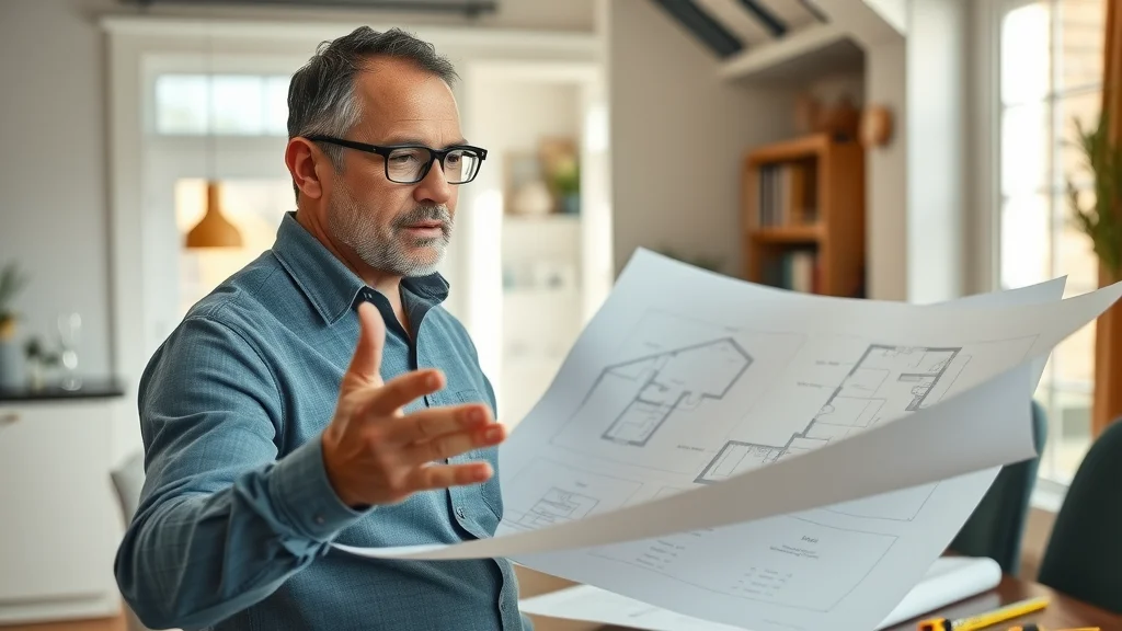 Professional reviewing home blueprints for planning residential fire sprinkler system layout, detailed plans and tools visible.