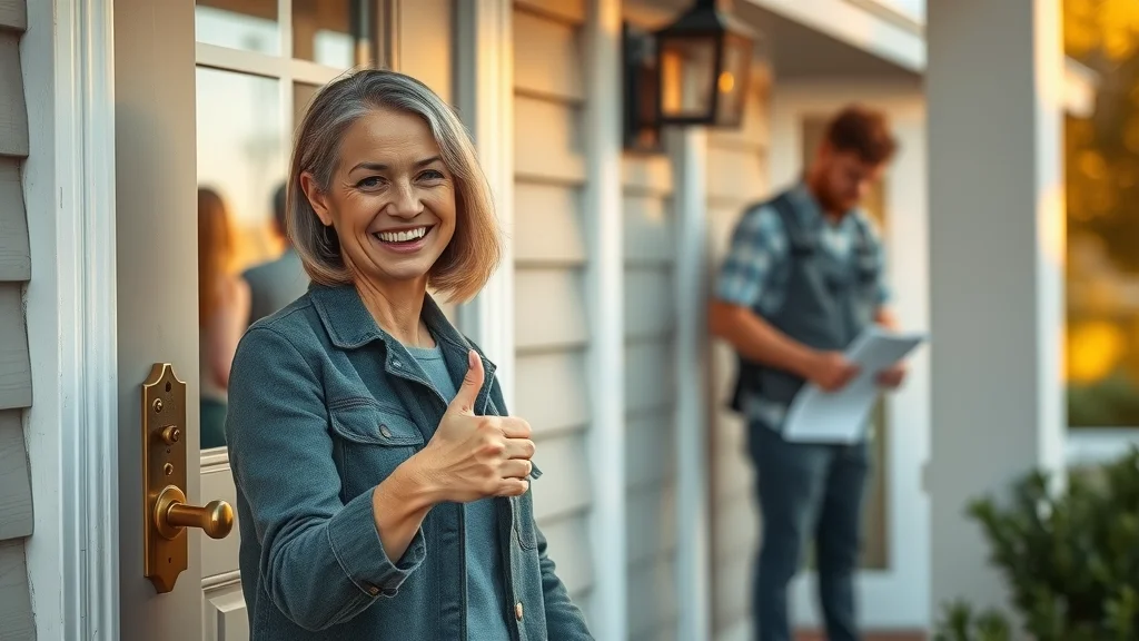 Customer in Eustis, relieved and happy after locksmith service, standing by unlocked front door as locksmith packs up on porch