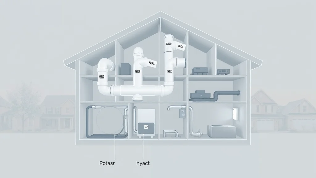 Clean, detailed diagram of home ventilation system showing labeled ducts and HVAC components. Photorealistic technical visualization for home ventilation system cleaning education.