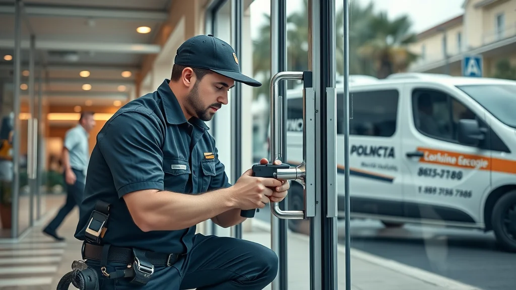 Professional locksmith in Eustis repairing a commercial glass door lock during emergency locksmith call