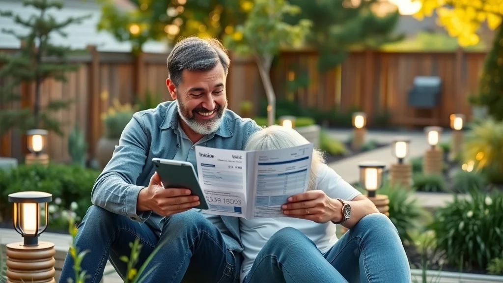 solar-powered lighting Eustis happy couple reviewing invoice for solar outdoor lighting, satisfaction, Central Florida, garden illumination, savings on digital tablet