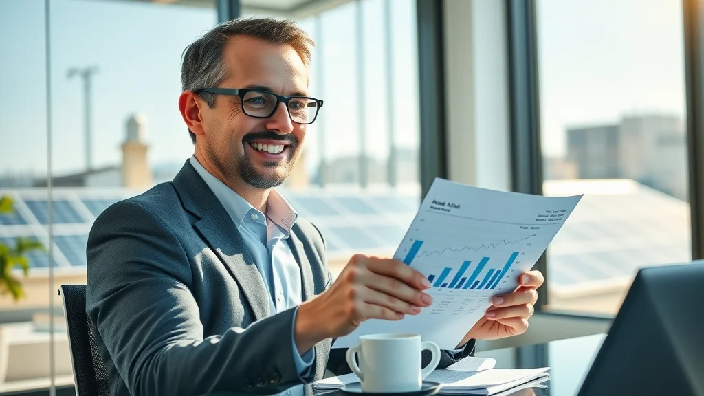 Finance manager reviews digital energy bills, commercial solar panels eustis, sunlight conference room