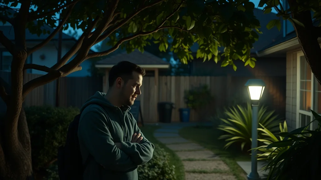 solar lighting installation mistake: solar light placed in heavy tree shade, unlit pathway, frustrated homeowner observing shadow impact