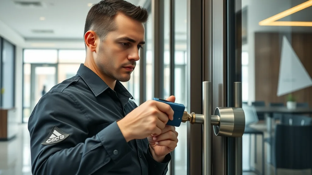 commercial locksmith Eustis installing high-security lock on business door, modern office lobby, advanced tools, sharp detail