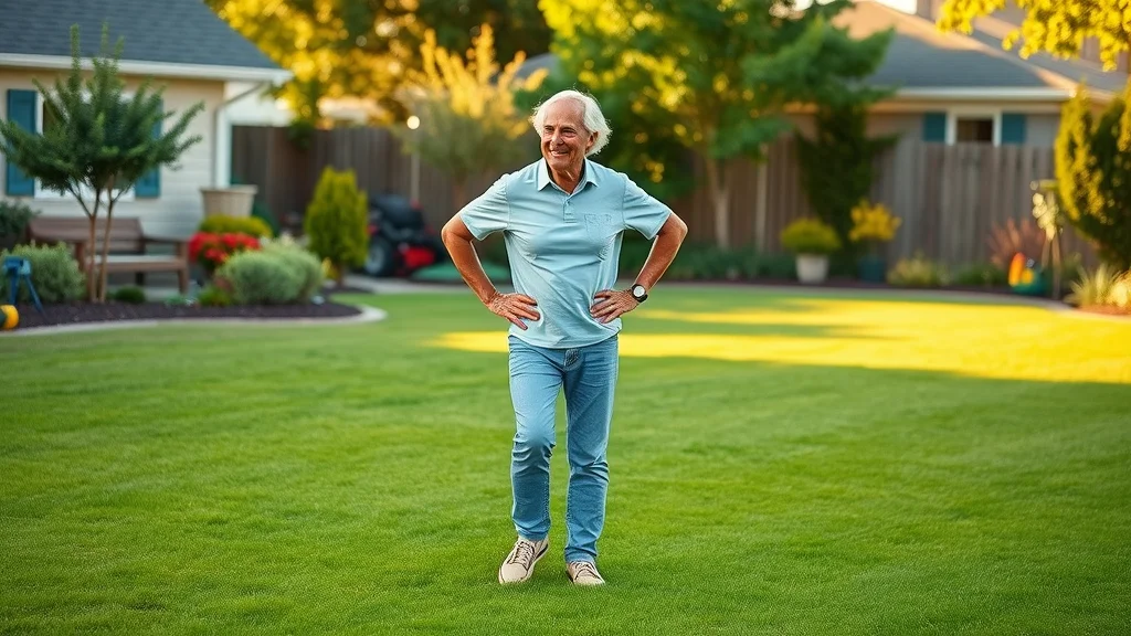 Healthy vibrant lawn after lawn sprinkler maintenance in Eustis - homeowner examining lush green backyard with sprinkler heads and gardening tools