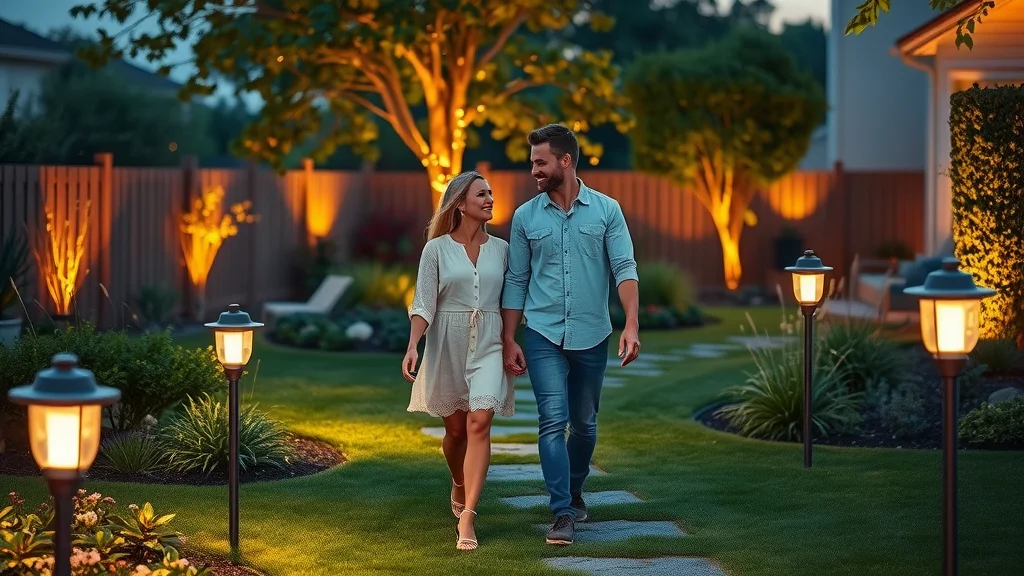 Inviting backyard at dusk with solar-powered path lights; couple strolling, solar lamps glowing along walkway with gentle nighttime ambience and garden beds.