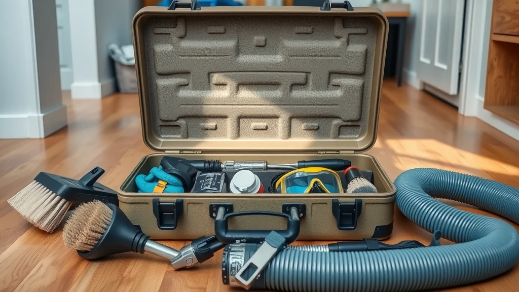 Organized toolkit for air duct cleaning, including brushes, gloves, safety goggles, and vacuum hose, ready for safe home ventilation system cleaning.