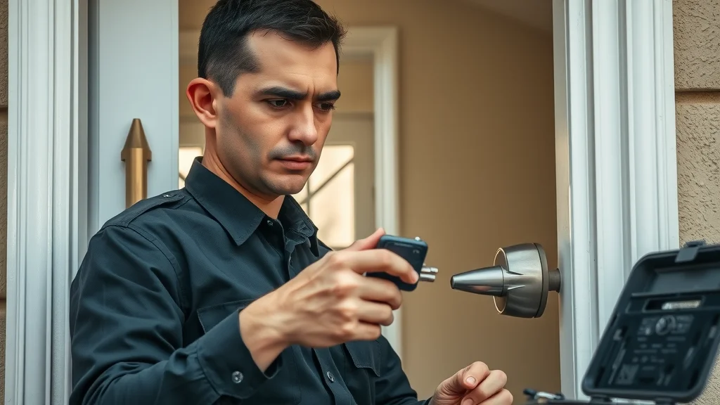 Professional locksmith in Eustis providing emergency locksmith service, picking a modern lock at a residential home doorway