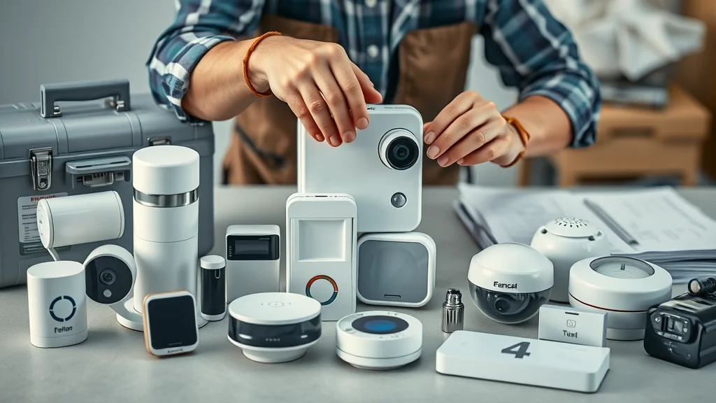 Installer testing smart home system compatibility Eustis by arranging branded security cameras, sensors, and automation devices on a tabletop with a toolbox