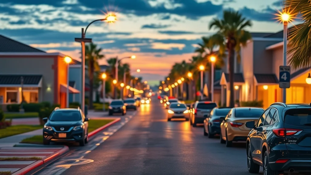 Vibrant city street in Eustis at dusk illuminated by modern solar street lights, casting a safe warm glow on sidewalks and parked cars, high realism, golden and blue tones.