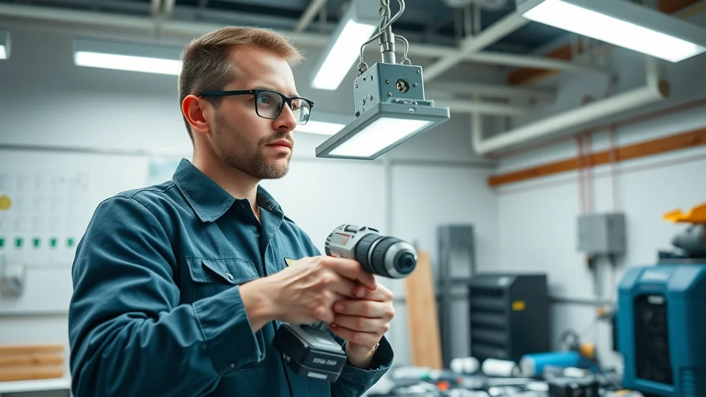 Technician installing modern LED lighting system in a well-lit workshop, highlighting steps for implementing renewable energy lighting solutions.