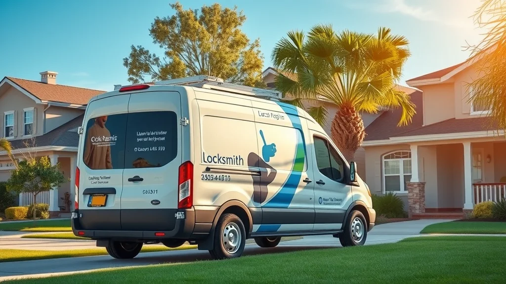 Mobile locksmith van parked in Eustis neighborhood for residential and car key duplication, technician approaching a client's home with toolkit