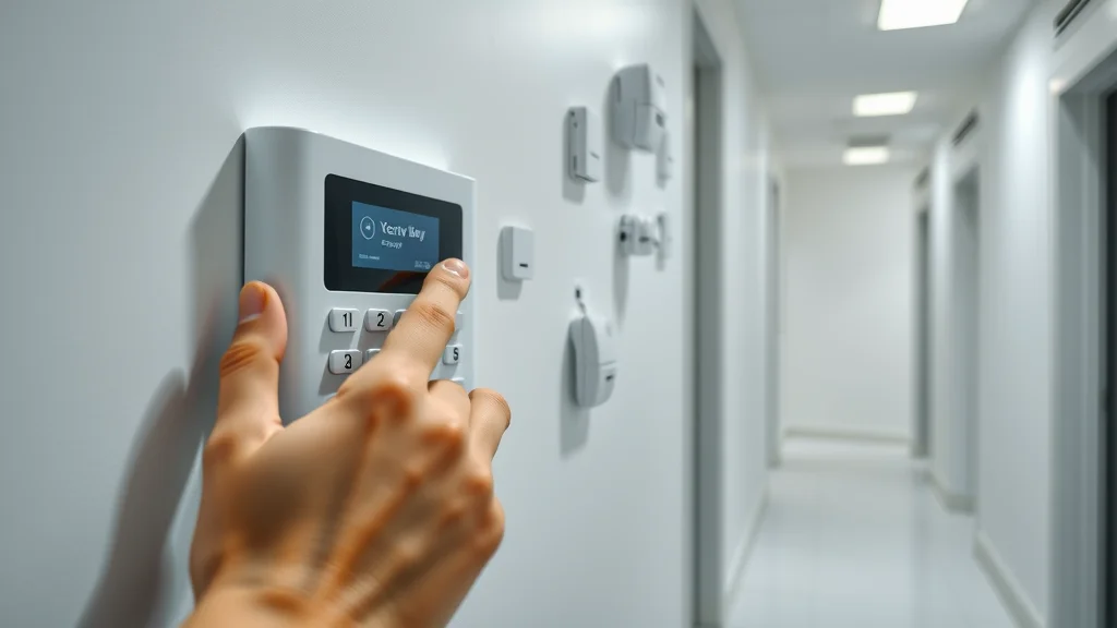 Close-up of modern smart security devices in Eustis — hand programs security system keypad, macro detail of control panel, sensors, high clarity.