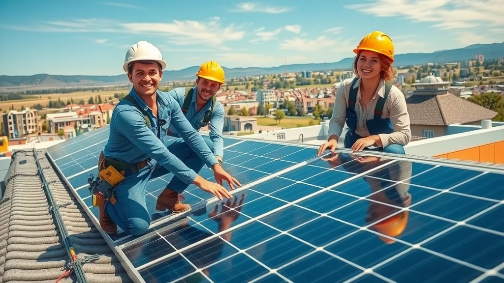 Energetic team of solar installers fitting solar panels on Eustis rooftop, teamwork with city skyline in background, panel installation detail
