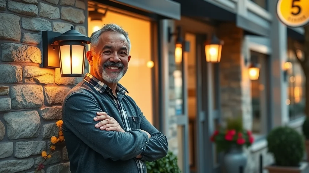 Business owner adjusting a solar-powered outdoor wall light, demonstrating the practical application of renewable energy lighting for businesses.