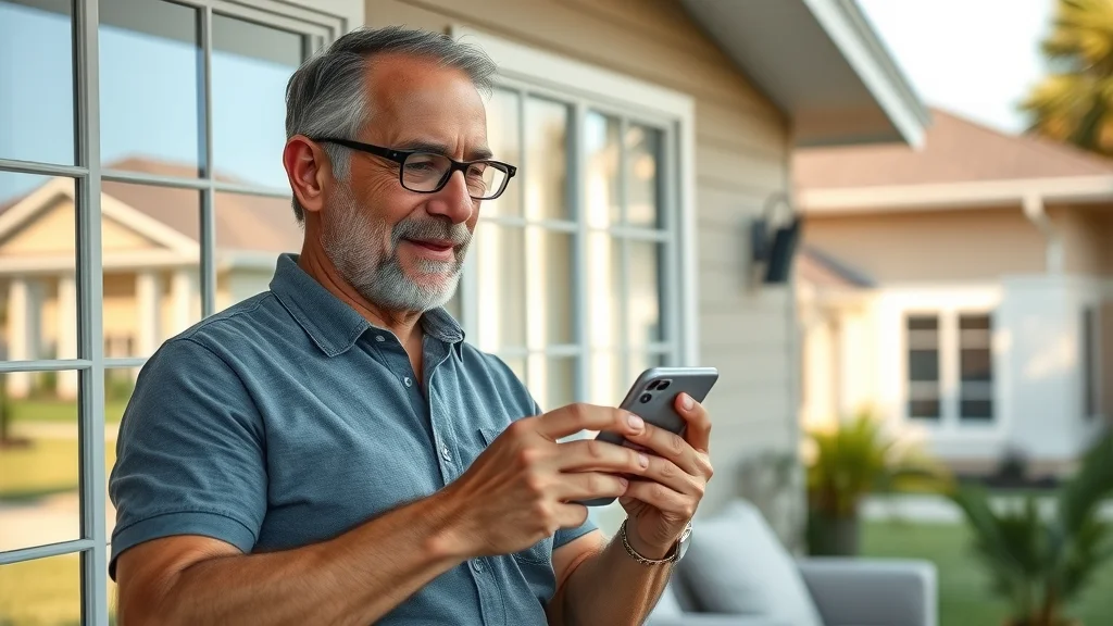 Contemporary Florida Eustis home showing visible security cameras, relaxed homeowner uses smartphone for security camera feeds — sunlit suburban scene, high realism, natural details.