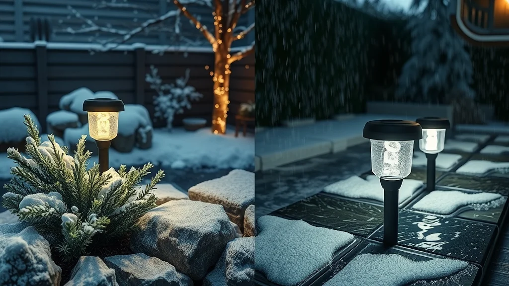 Weather-resistant LED lights illuminating snowy and rainy outdoor settings, focus on fixtures, photorealistic garden scenes, high-detail water and snow textures, cool tones, night lighting, 70mm telephoto lens.