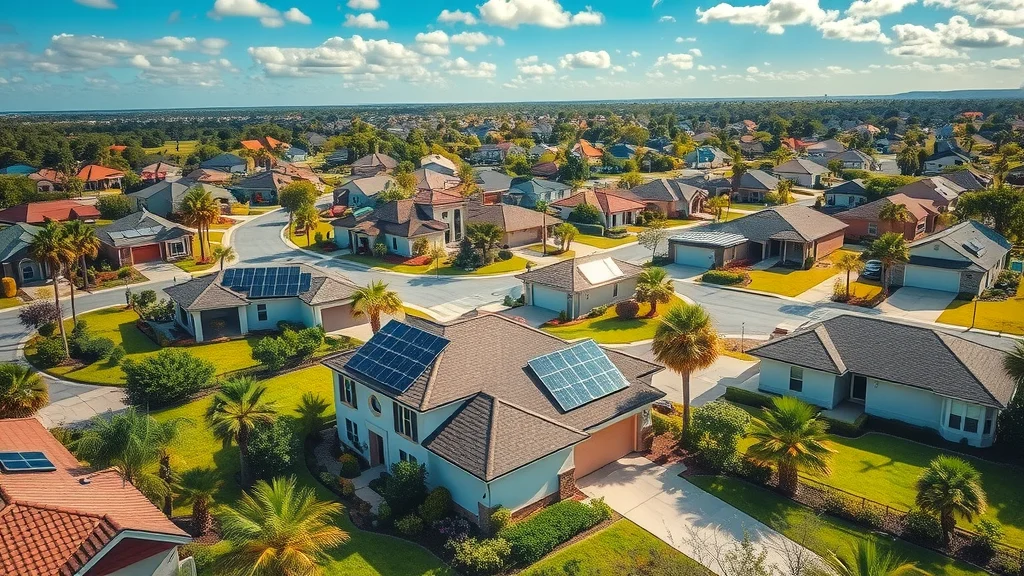 Aerial view of Eustis, Florida neighborhoods with modern photovoltaic solar panels, showing sunlit roofs, sleek solar arrays, green lawns, palm trees, and vibrant blue skies.
