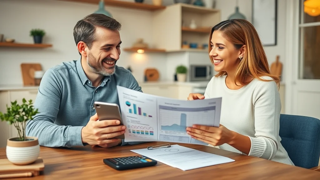 Confident homeowners reviewing fire sprinkler system cost estimate sheets and digital tablet, cozy modern kitchen setting.