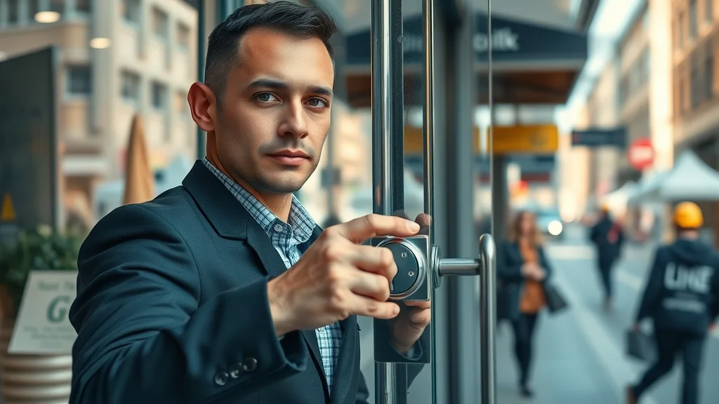 Commercial locksmith unlocking a modern business entrance with a high-security lock in Eustis; photorealistic, bustling street scene
