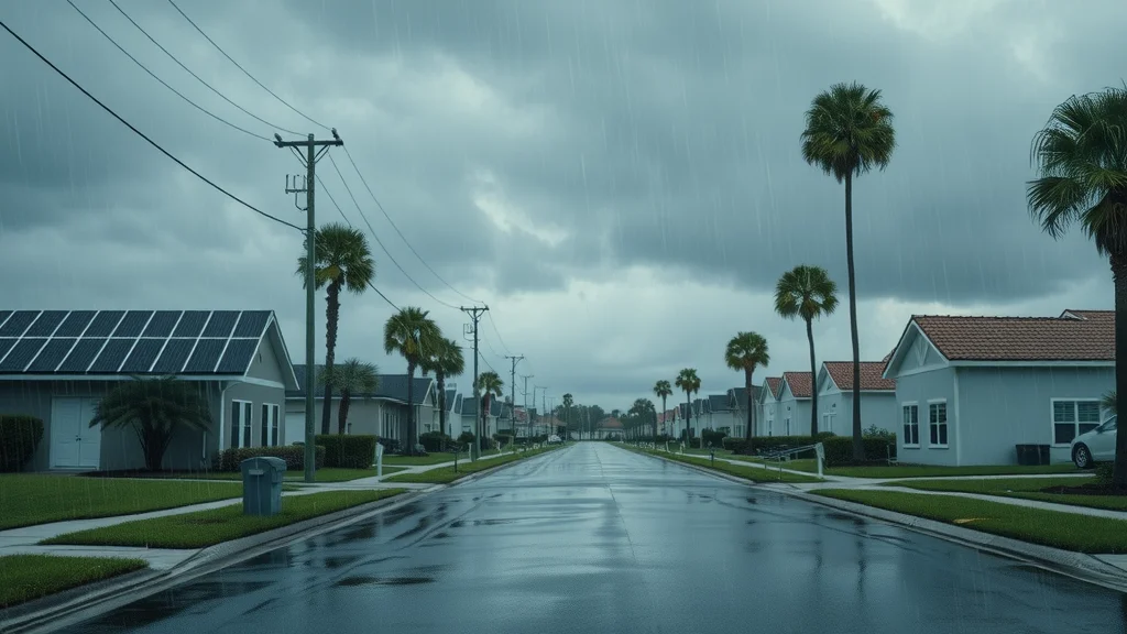 Solar panels in Eustis Florida during heavy rain, atmospheric view, rainwater glistening on solar panels - solar panel maintenance Eustis