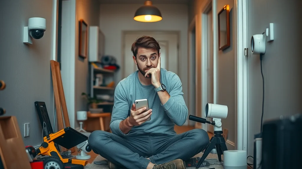 DIY homeowner in Eustis surrounded by scattered tools and disconnected smart home devices, looking frustrated over compatibility issues with alarm system and camera system