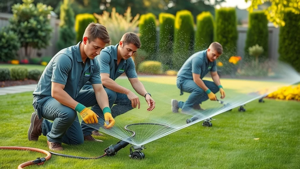 Professional irrigation team installing sprinklers for a lush Eustis lawn, best sprinkler installers Eustis working with advanced sprinkler heads, visible pipes, tools, and healthy flower beds