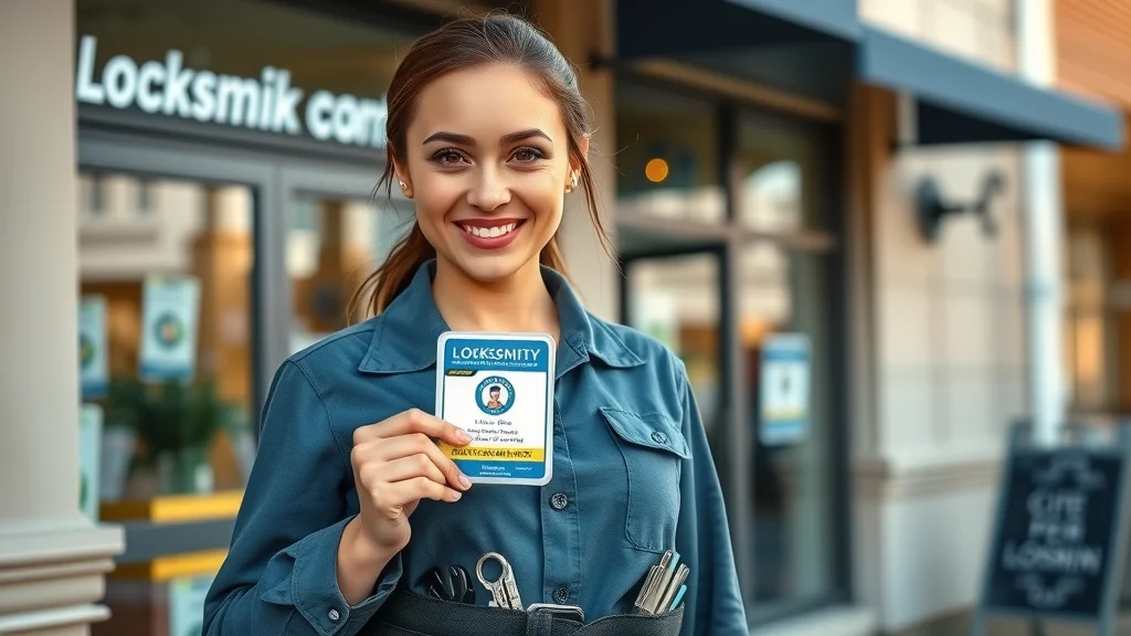 Local locksmith Eustis - Professional female locksmith displaying credentials outside a small business storefront.